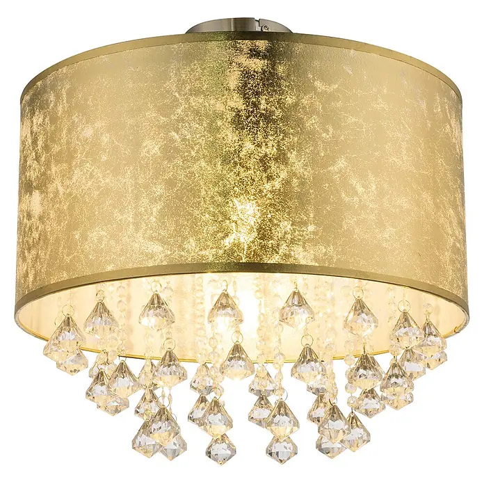 Globo Deckenleuchte Amy - 60 W, Gold, Klar, Nickel, E27 - Goldene Deckenleuchte im Trommeldesign mit strukturierter Oberfläche und klaren Kristallanhängern.