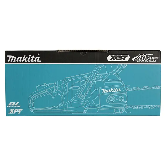 Makita Akku-Kettensäge UC030GE103 - 40 V, Li-Ionen, 1 Akku, Schwertlänge: 50 cm - Makita XGT 40V Max Kettensägen-Produktbox in Schwarz und Hellblau, mit Linienzeichnung der Kettensäge und BL Motor/XPT Branding.