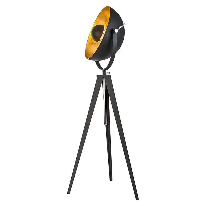 Globo Stehleuchte Bowy - 40 W, Höhe: 1.518 mm, E27 - Schwarz-goldene Spotlight-Stehleuchte auf schwarzem Stativ.