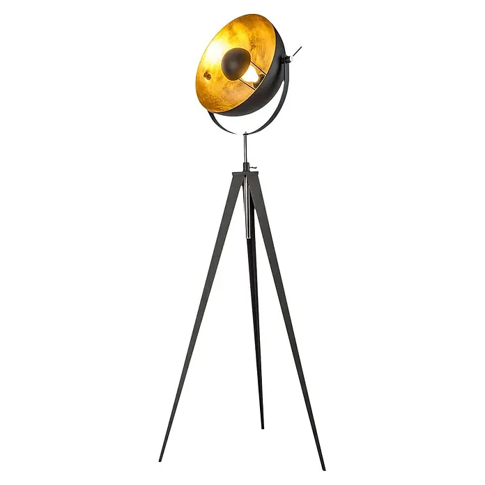 Globo Stehleuchte Bowy - 40 W, Höhe: 148 mm, E27 - Schwarze Stehleuchte mit Stativgestell, runder goldener Innenschirm und sichtbarer Glühbirne.
