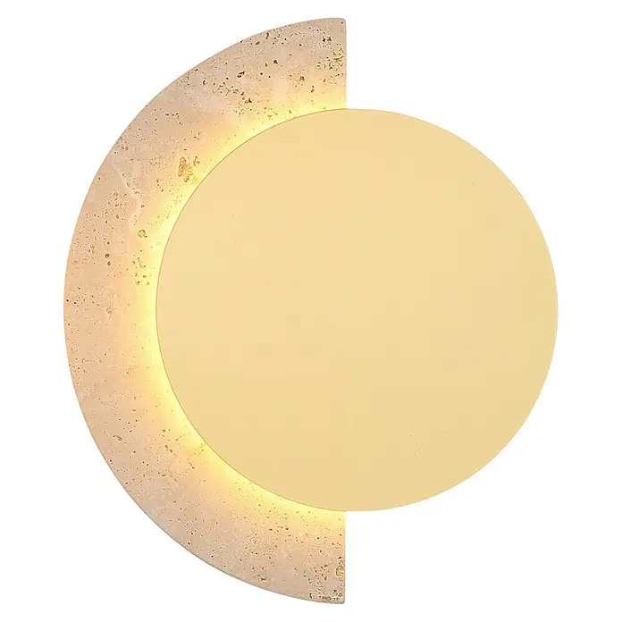Globo LED-Wandleuchte Rojas - 14 W, Warmweiß - C-förmige Wandleuchte aus beigem Naturstein mit leuchtendem gelb-beigem Innenkreis.