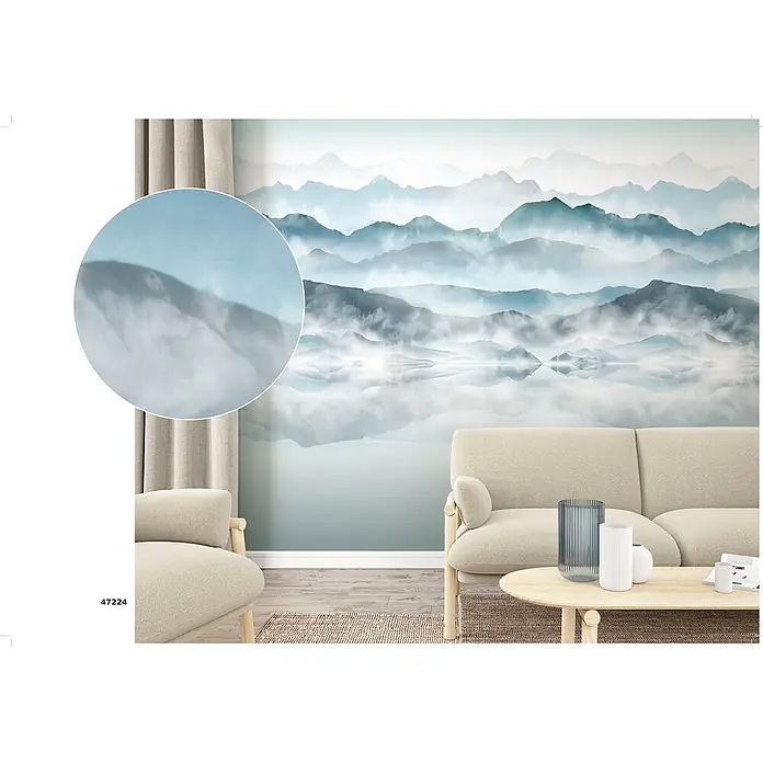 Marburg Smart Art Easy Fototapete Illustration III - B x H: 212 x 270 cm, Vlies - Wandtapete mit nebligen Bergen und See in Blau-Grau-Tönen, die eine ruhige Atmosphäre im Wohnzimmer schafft.