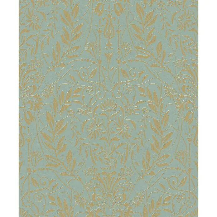 Marburg Vliestapete Novamur Oriana Floral I - Grün, Floral, 10,05 x 0,53 m - Goldene Blumentapete auf hellblauem strukturiertem Hintergrund.