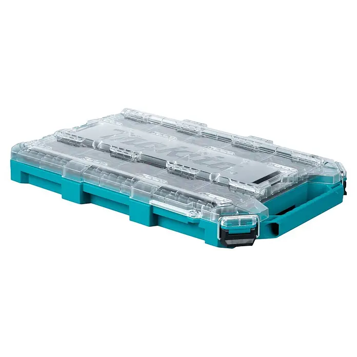 Makita Organizer Maktrak Flach L - L x B x H: 59,6 x 38,7 x 8,5 cm, Anzahl Fächer: 11 Stk. - Türkise und transparente Kunststoff Makita Stapelbox für Werkzeuge.