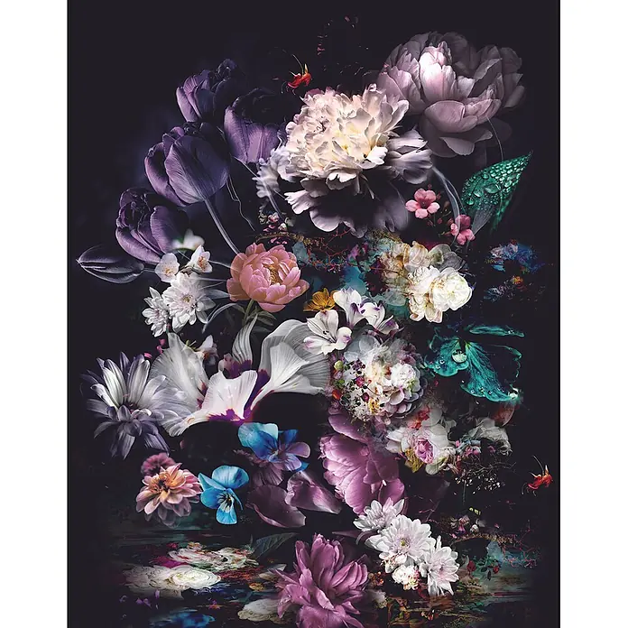 Marburg Smart Art Easy Fototapete Floral II - B x H: 212 x 270 cm, Vlies - Opulentes dunkles Blumenkunstwerk mit lila, weißen und pinken Pfingstrosen, Tulpen und Iris.