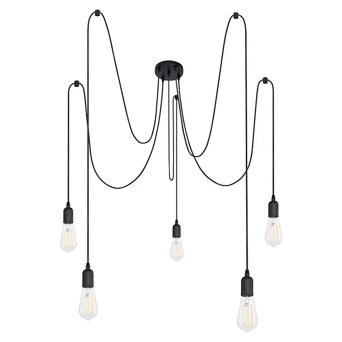 Globo Pendelleuchte Oliver - 60 W, E27 - Schwarze Spinnenleuchte mit fünf Vintage-LED-Glühbirnen an schwarzen, verstellbaren Kabeln.