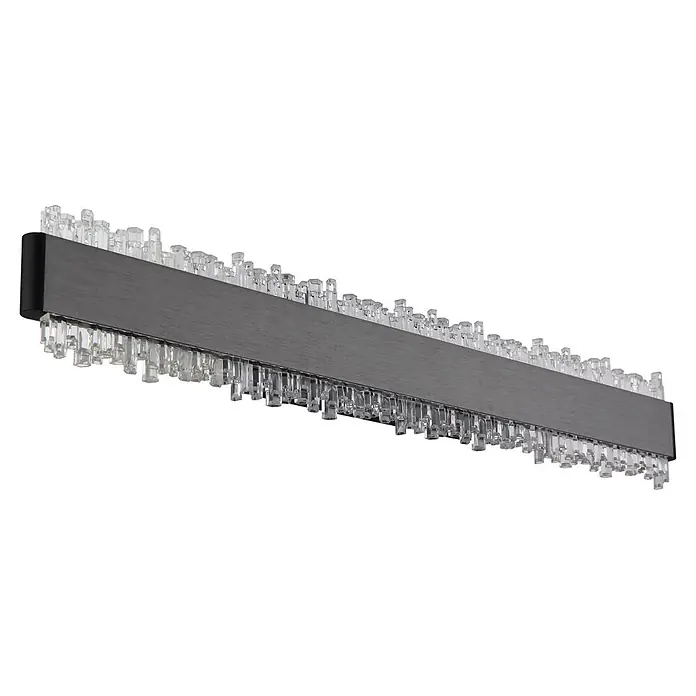 Globo LED-Wandleuchte Stalagmita - 12 W, Neutralweiß - Horizontale, dunkelgraue Leuchte aus gebürstetem Metall mit klaren, rechteckigen Kristallakzenten oben und unten.