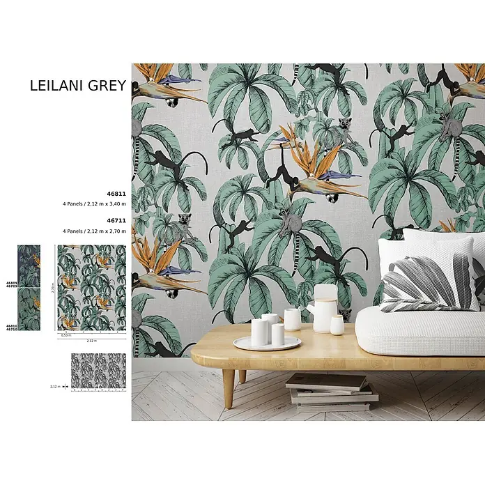 Marburg Smart Art Aspiration Fototapete Illustration II - B x H: 212 x 340 cm, Vlies, Grau-Grün-Orange - Tropische Tapete Leilani Grey mit Palmen, Affen und Lemuren, an einer Wand im Wohnzimmer angebracht.