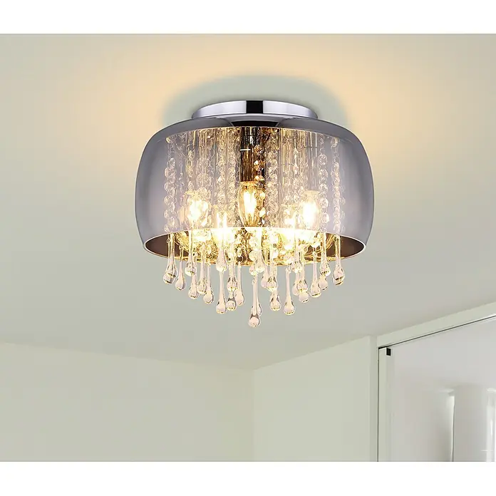 Globo LED-Deckenleuchte Kalla - 25 W - Beleuchtete Deckenleuchte mit Chromsockel, Rauchglasschirm und herabhängenden klaren Kristalltropfen.