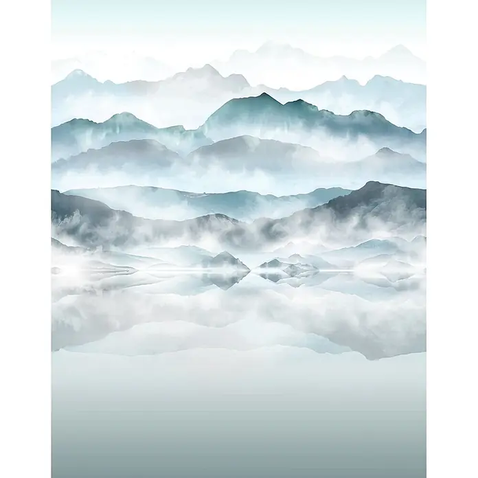 Marburg Smart Art Easy Fototapete Illustration III - B x H: 212 x 270 cm, Vlies - Serene digitale Kunst nebliger blauer Berge, die sich in stillem Wasser spiegeln.
