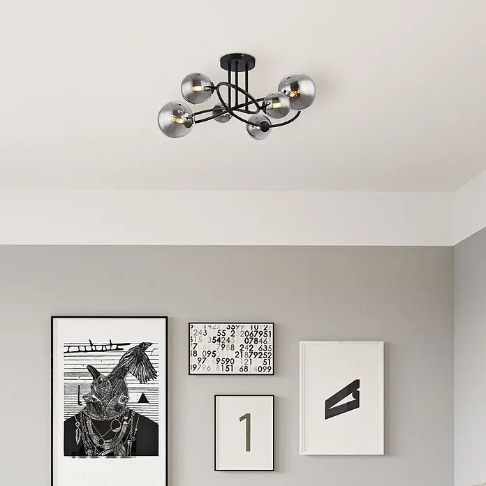 Globo Deckenleuchte Riha - 3,5 W, G9 - Moderne schwarze Deckenleuchte mit sechs Rauchglas-Kugelschirmen.