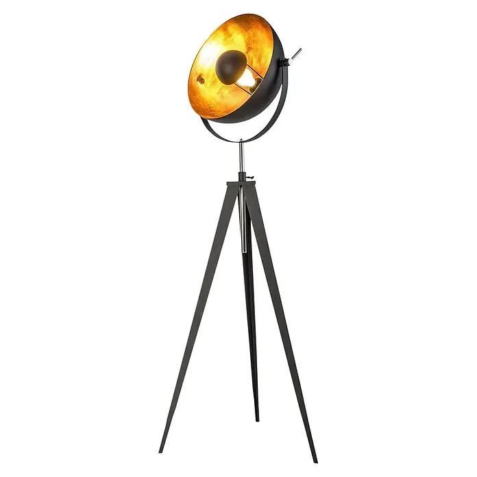 Globo Stehleuchte Bowy - 40 W, Höhe: 1.518 mm, E27 - Schwarze Dreibein-Stehleuchte mit goldener Innenschirm und leuchtender Glühbirne.