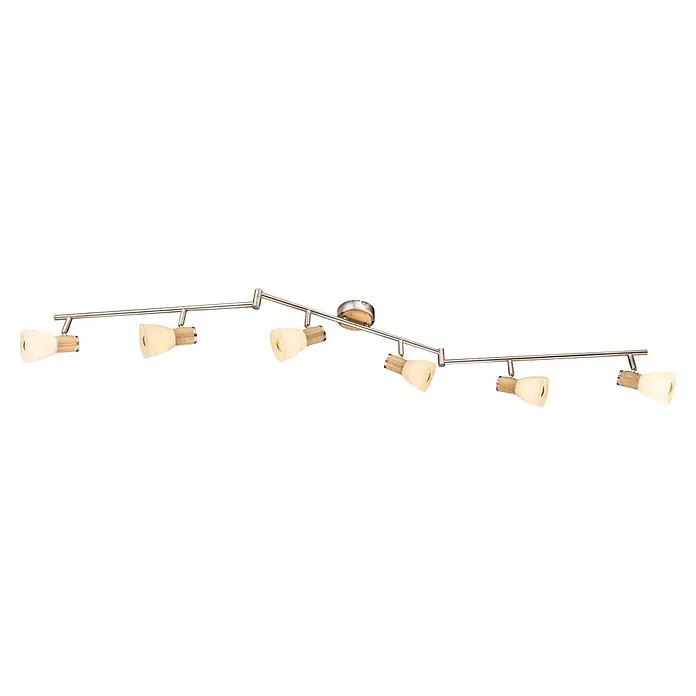 Globo Gylfii Deckenstrahler - 240 W, L x B x H: 145 x 9 x 18 cm, Nickel matt, Opal - Deckenstrahler-Schiene mit mehreren Spots aus Holz und gebürstetem Metall, mit mattierten Schirmen.