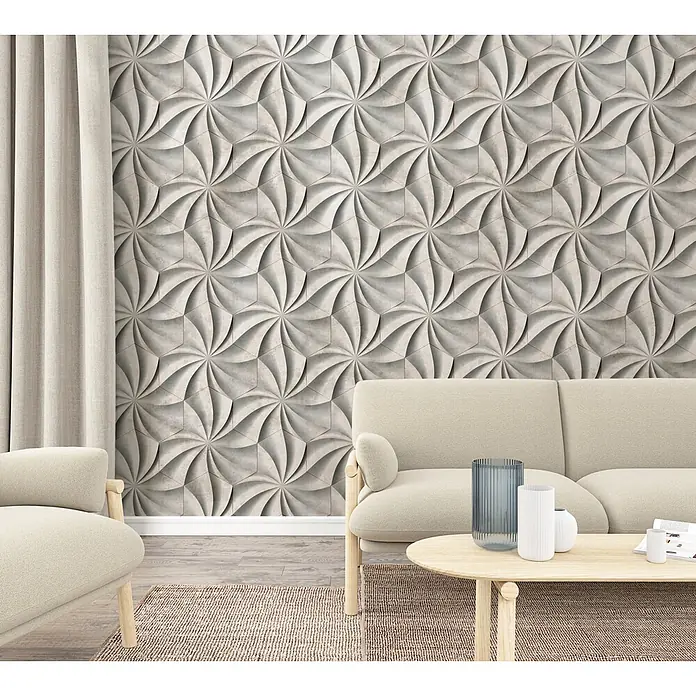 Marburg Smart Art Aspiration Fototapete Graphic Design - B x H: 159 mm x 270 cm, Vlies, Grau - Hellgraue 3D-Wandpaneele mit wirbelndem sechseckigem Muster, bilden eine strukturierte Akzentwand in einem Wohnzimmer.