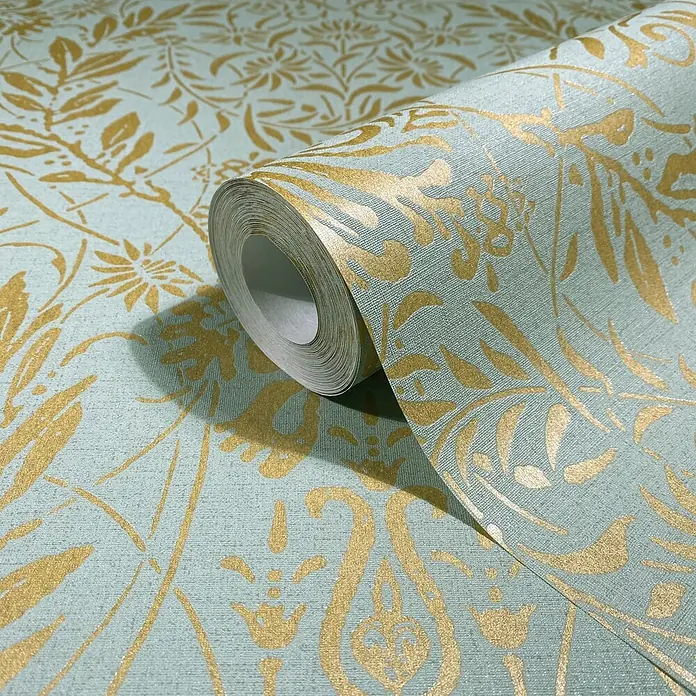 Marburg Vliestapete Novamur Oriana Floral I - Grün, Floral, 10,05 x 0,53 m - Texturierte Aquamarin-Tapetenrolle mit schimmerndem goldfarbenem Blattmuster.