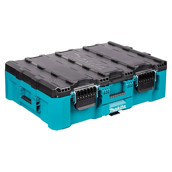 Makita Werkzeugkasten Maktrak L - Kunststoff, L x B x H: 80,2 x 56,5 x 25,2 cm - Türkis-schwarze Makita-Werkzeugkiste aus Kunststoff mit schwarzem Deckel und Metallverschlüssen.