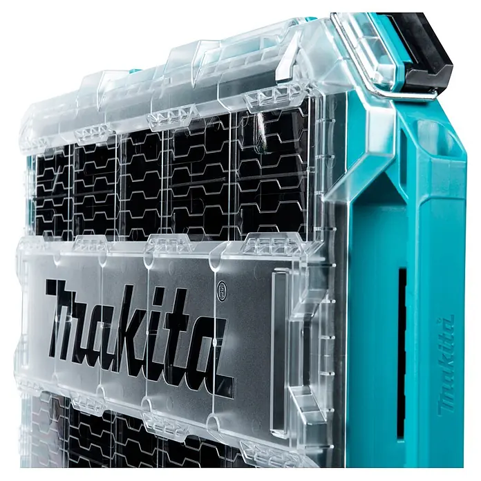 Makita Organizer Maktrak Flach L - L x B x H: 59,6 x 38,7 x 8,5 cm, Anzahl Fächer: 11 Stk. - Transparente und türkisfarbene Makita stapelbare Aufbewahrungsbox mit Logo.