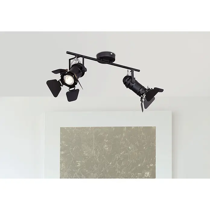 Globo Deckenstrahler Egon - 100 W, L x B x H: 54 x 16 x 26,5 cm, GU10 - Schwarze Decken-Stromschienenleuchte mit zwei verstellbaren Strahlern, einer leuchtend, mit Flügeltoren.
