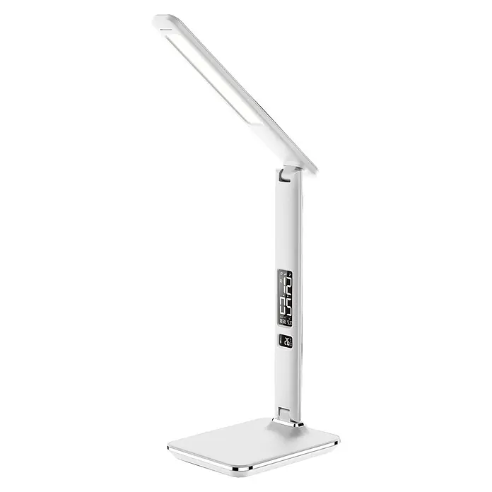 Globo Lámpara de sobremesa LED Tanna - 7 W, L x An x Al: 55 x 14 x 59 cm, Blanco, Blanco frío - Elegante lámpara de escritorio LED blanca ajustable con pantalla digital que muestra hora, fecha y temperatura.