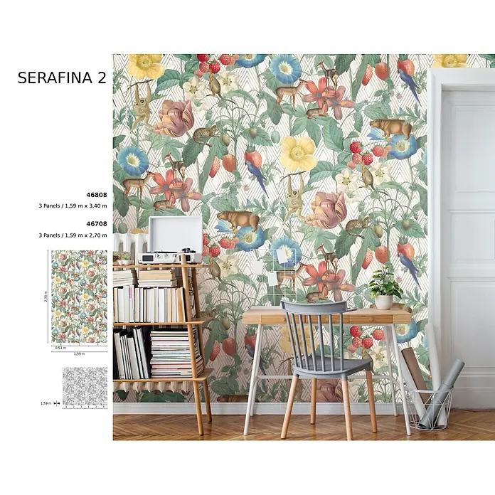 Marburg Smart Art Aspiration Fototapete Illustration V - B x H: 159 mm x 340 cm, Vlies - Botanische Tapete mit bunten Blumen, Früchten und Dschungeltieren auf geometrischem Hintergrund, an einer Wand hinter Schreibtisch und Regal.