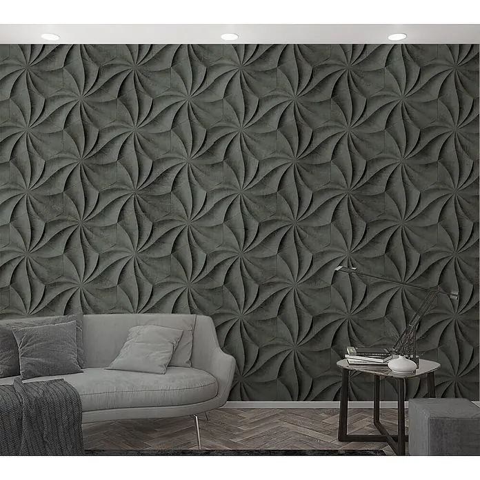 Marburg Smart Art Aspiration Fototapete Graphic Design - B x H: 159 mm x 270 cm, Vlies, Anthrazit - Dunkelgraue 3D-Geometrie-Wandpaneele mit Wirbelmuster als moderne Dekoration im Wohnzimmer.