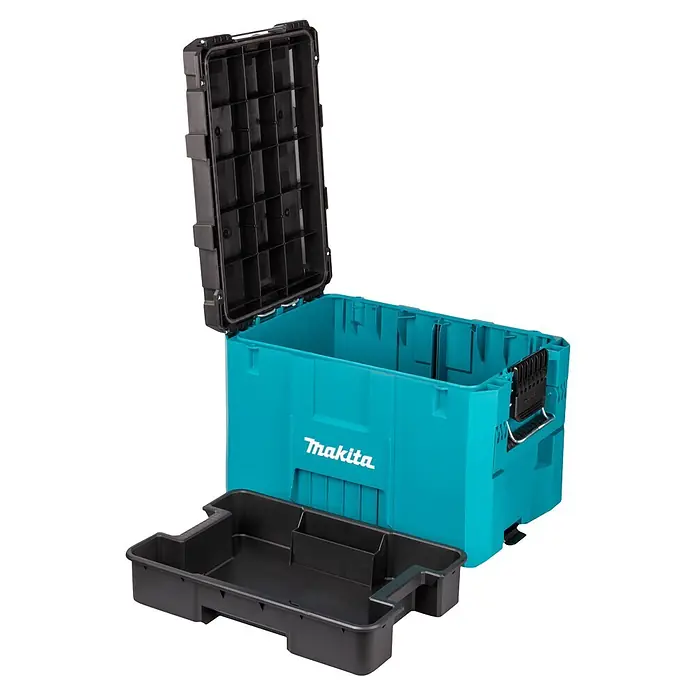 Makita Werkzeugkasten Maktrak XL - Kunststoff, L x B x H: 56,5 x 39,4 x 40,2 cm - Offene türkise Makita Werkzeugbox mit schwarzem Fachdeckel und schwarzer Zubehörschale.