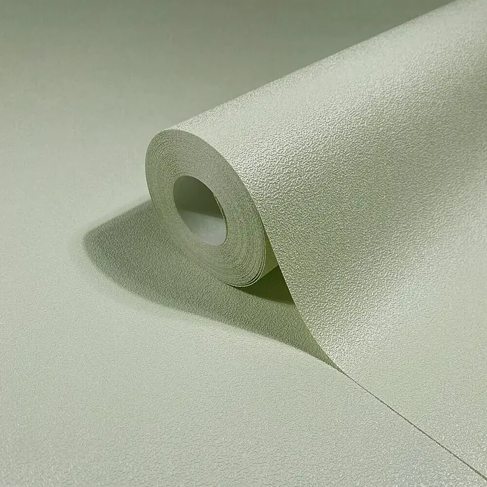 Marburg Vliestapete Novamur Naomi Uni I - Pastellgrün, Uni, 10,05 x 0,53 m - Hellgrüne strukturierte Tapetenrolle, teilweise abgerollt, um ihre geprägte Oberfläche zu zeigen.