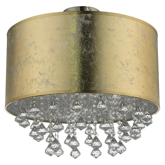 Globo Deckenleuchte Amy - 60 W, Gold, Klar, Nickel, E27 - Goldene Deckenleuchte mit Trommelschirm und dekorativen Kristalltropfen.