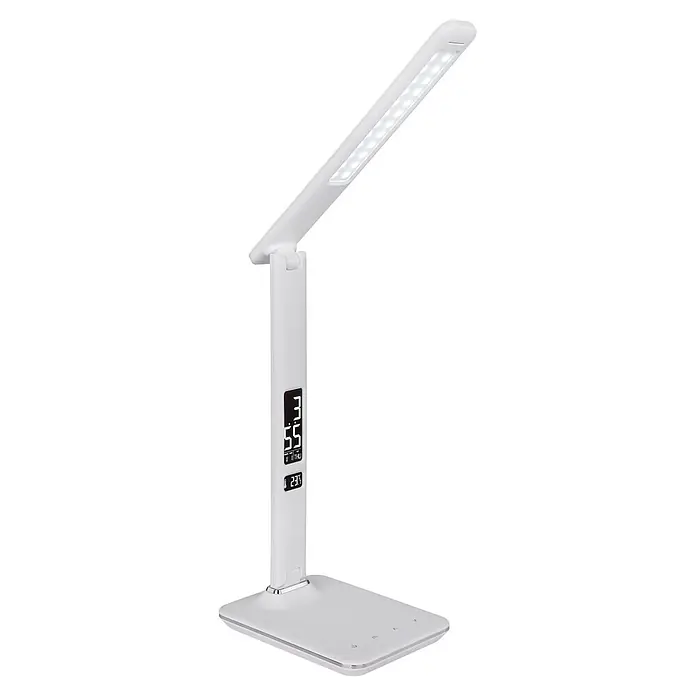 Globo Lámpara de sobremesa LED Tanna - 7 W, L x An x Al: 55 x 14 x 59 cm, Blanco, Blanco frío - Lámpara de escritorio LED blanca con brazo plegable y pantalla digital que muestra la hora, fecha y temperatura.