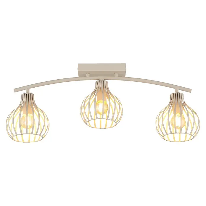 Globo Deckenleuchte Mateo - L x B x H: 600 x 550 x 240 mm, E14 - Creme Deckenleuchte mit drei modernen, gestreiften Käfigschirmen und warmen Glühbirnen an einer Bogenstange.