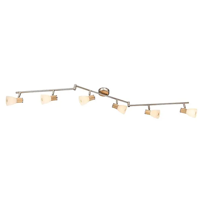 Globo Gylfii Deckenstrahler - 240 W, L x B x H: 145 x 9 x 18 cm, Nickel matt, Opal - Verstellbare Deckenstrahlerleiste mit sieben Lichtquellen, gebürsteter Metallstange, Holzdetails und hellen satinierten Glasschirmen.