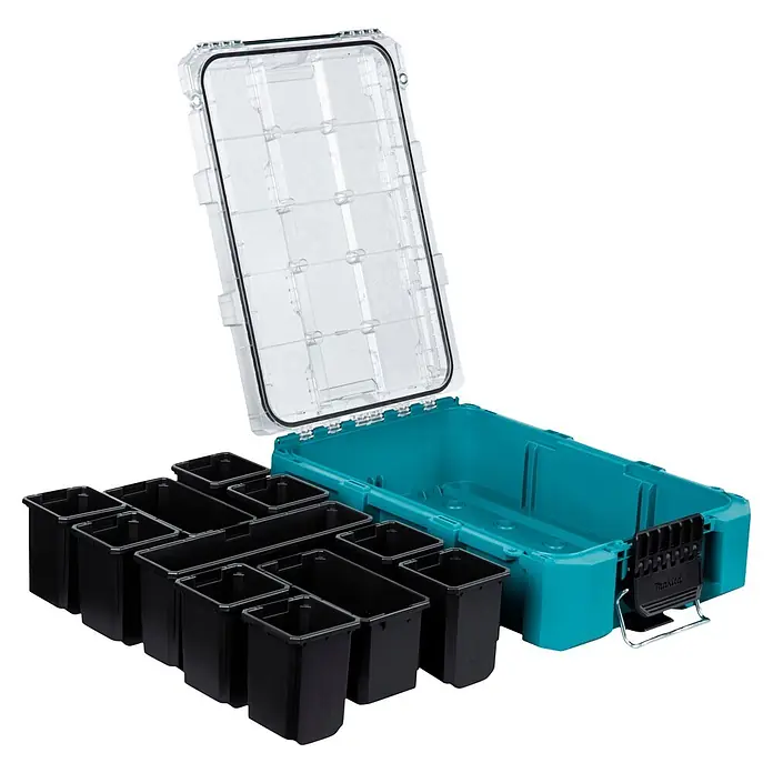 Makita Organizer Maktrak M - L x B x H: 56,2 x 38,7 x 16,2 cm, Anzahl Fächer: 11 Stk. - Türkise Werkzeugbox mit transparentem Deckel und mehreren schwarzen Organizer-Einsätzen.