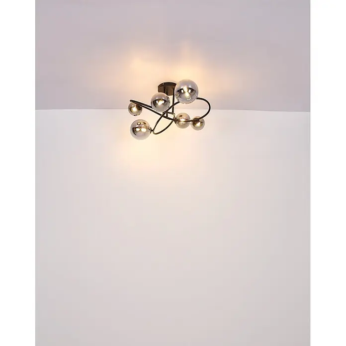 Globo Deckenleuchte Riha - 3,5 W, G9 - Moderne schwarze Deckenlampe mit sechs rauchfarbenen Glaskugelschirme, beleuchtet.
