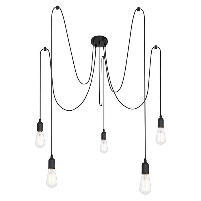 Globo Pendelleuchte Oliver - 60 W, E27 - Fünfflammige schwarze Spinnenpendelleuchte mit sichtbaren Edison-Glühbirnen und verstellbaren Kabeln.