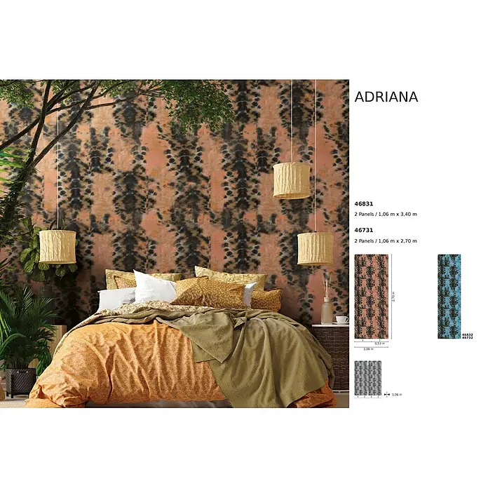 Marburg Smart Art Aspiration Fototapete Grafik II - B x H: 106 x 340 cm, Vlies, Schwarz-Orange - Tapete mit Batiktupfenmuster in Orange und Schwarz, in einem Schlafzimmer.