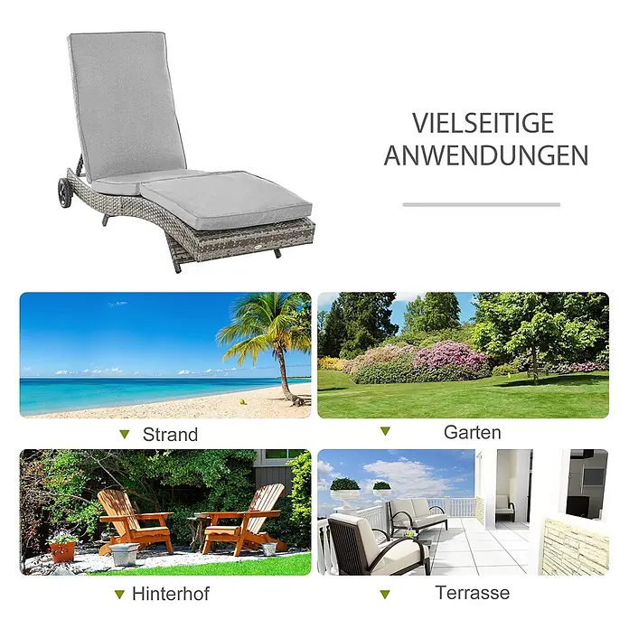 Outsunny Gartenliege - Grau, Metall - Graue Rattan-Sonnenliege mit Kissen, die ihre vielseitige Nutzung im Freien hervorhebt.