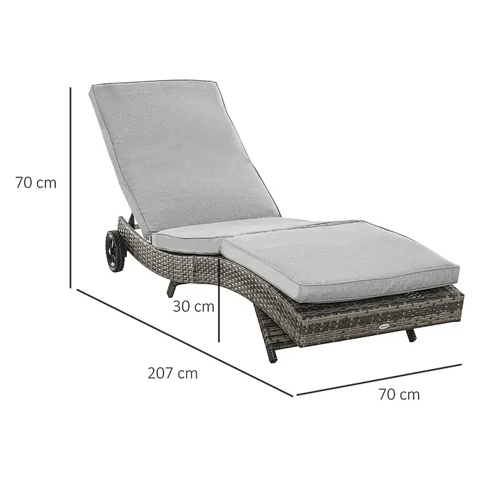 Outsunny Gartenliege - Grau, Metall - Graue Rattan-Sonnenliege mit verstellbarer Rückenlehne, hellgrauen Kissen und Rädern für den Außenbereich.