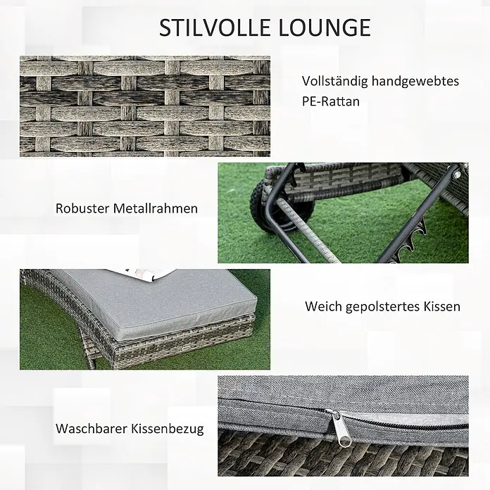 Outsunny Gartenliege - Grau, Metall - Stylische Lounge mit handgewebtem PE-Rattan, robustem Metallrahmen, weich gepolsterten Kissen und waschbarem Bezug.