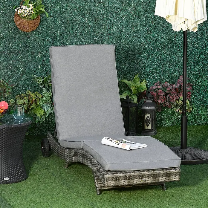 Outsunny Gartenliege - Grau, Metall - Graue Rattan-Chaiselongue mit Kissen.