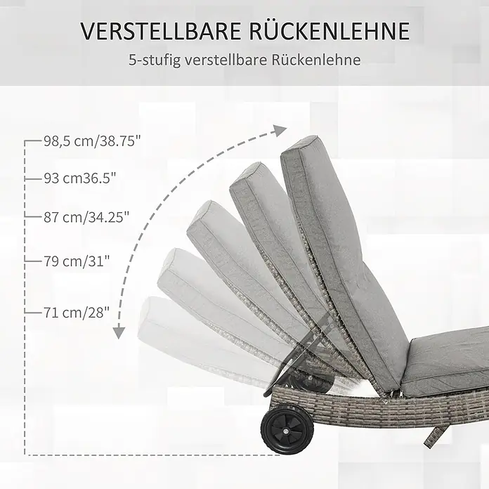 Outsunny Gartenliege - Grau, Metall - Graue Rattan-Sonnenliege mit grauen Kissen, 5-fach verstellbarer Rückenlehne und Rollen.