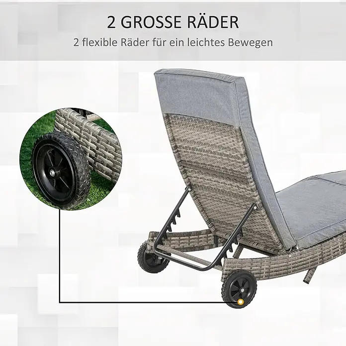 Outsunny Gartenliege - Grau, Metall - Graue Rattan-Sonnenliege mit dicken grauen Polstern und zwei großen Rädern für einfache Mobilität.