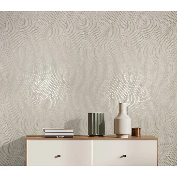 Marburg Vliestapete Novamur Mona Grafik - Beige-Grau, Grafisch, 10,05 x 0,53 m - Beigefarbene Tapete mit schimmerndem Wellenmuster.