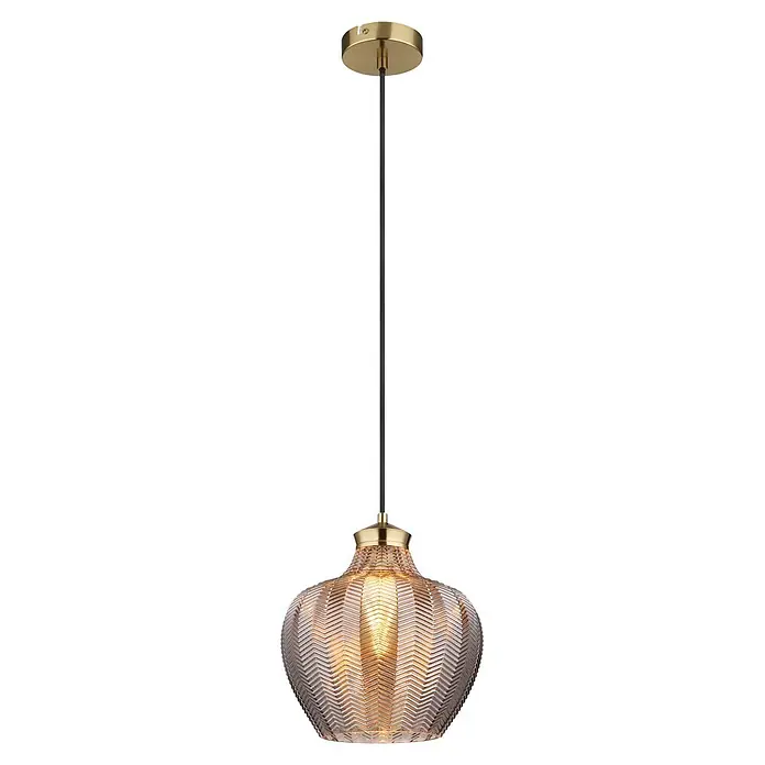 Globo Pendelleuchte Jessica - 60 W, Ø x H: 25 x 120 cm - Goldene Pendelleuchte mit dunklem Textilkabel und transluzidem Glasschirm mit Chevronmuster.