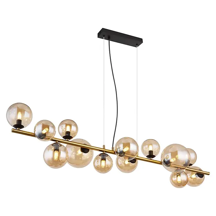 Globo Pendelleuchte Riha - L x B x H: 1.200 x 345 x 1.200 mm, G9 - Moderne goldene Pendelleuchte mit amberfarbenen Glaskugeln.