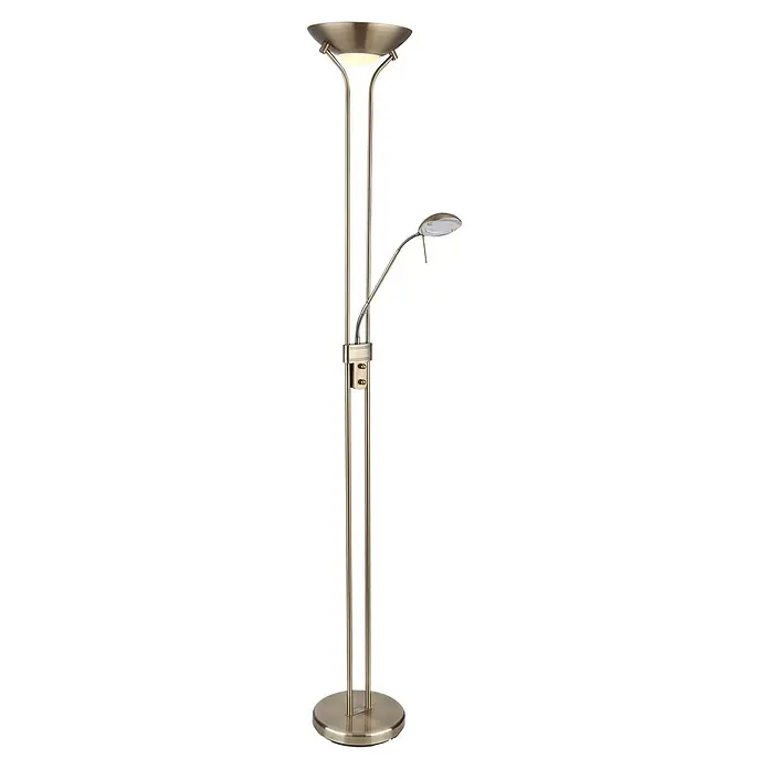 Globo LED-Deckenfluter Leonas - 20 W, Höhe: 180 cm - Gebürstete Messing-Stehleuchte mit Deckenfluter und verstellbarer Leselampe. Runde Basis, integrierte Bedienelemente.