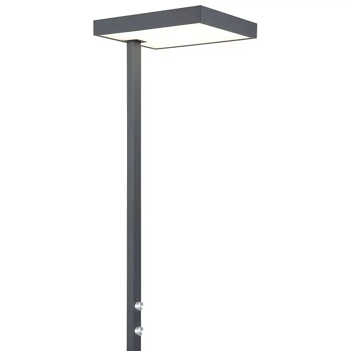 Globo LED-Deckenfluter Barker - 45 W, Höhe: 1.848 mm - Moderne anthrazitfarbene Stehleuchte für den Außenbereich mit quadratischem Leuchtkopf und zwei silbernen Drehknöpfen am schlanken Mast.