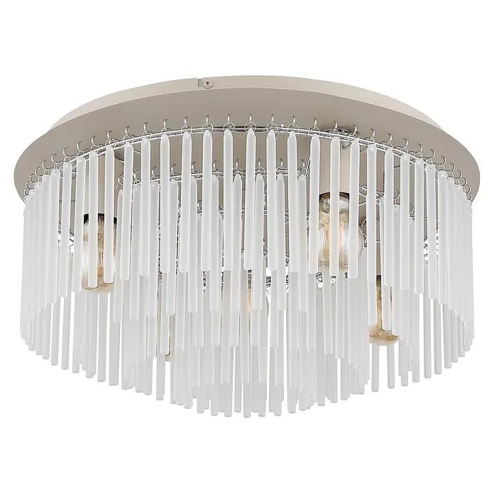 Globo Deckenleuchte Gorley - 60 W, Ø x H: 50 cm x 250 mm, E27 - Beige Deckenleuchte mit Chromakzenten und zahlreichen weißen mattierten Glasstäben, die Kerzen ähneln, mit sichtbaren Edison-Glühbirnen.