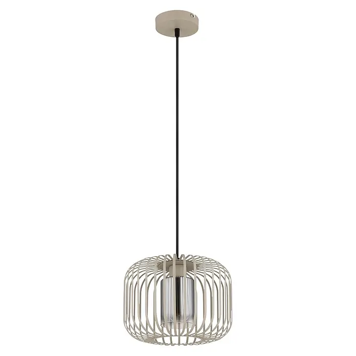 Globo Pendelleuchte Alfred - 40 W, Höhe: 1.200 mm, E27 - Beigefarbene Käfig-Pendelleuchte mit zylindrischem Metall-Innenschirm, von passender Deckenrosette abgehängt.
