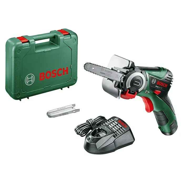 Bosch Power for All 12V NanoBlade-Säge EasyCut 12 - 12 V, 1 Akku, 2 Ah, Leerlaufdrehzahl: 4.100 U/min - Bosch EasyCut 12 Akku-Kettensäge Set mit Zubehör, inklusive Akku, Ladegerät und Transportkoffer für vielseitige Anwendungen im Garten.