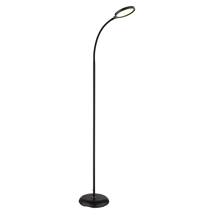 Globo LED-Deckenfluter Kalderon - 8 W, Höhe: 1.250 mm - Schlanke schwarze Stehlampe mit ovalem, beleuchtetem Kopf und rundem Fuß.
